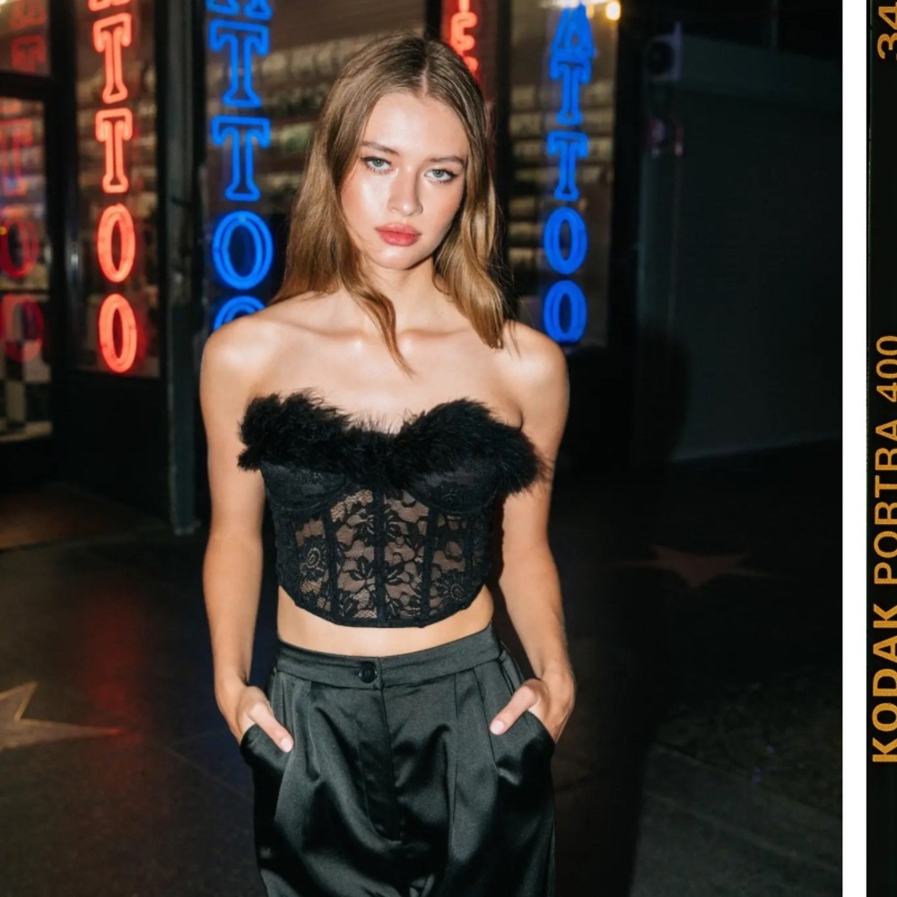 Corset top, black lace and feather top